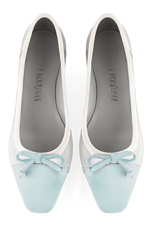 Aquamarine blue, light silver and off white women's ballet pumps, with low heels. Square toe. Flat flare heels. Top view - Florence KOOIJMAN